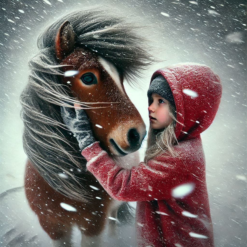 A Shetland Pony and young girl in a blizzard