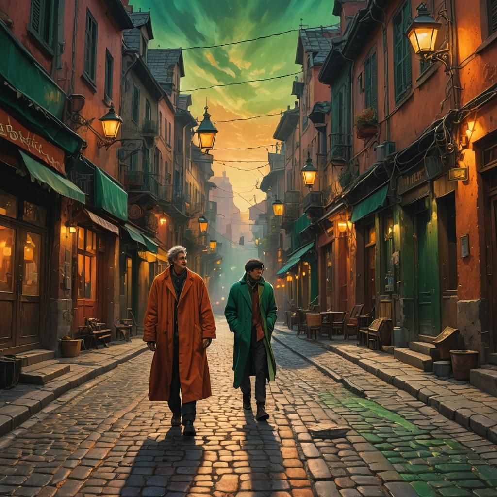 Mystical Street Scene with Madman in Triadic Colors