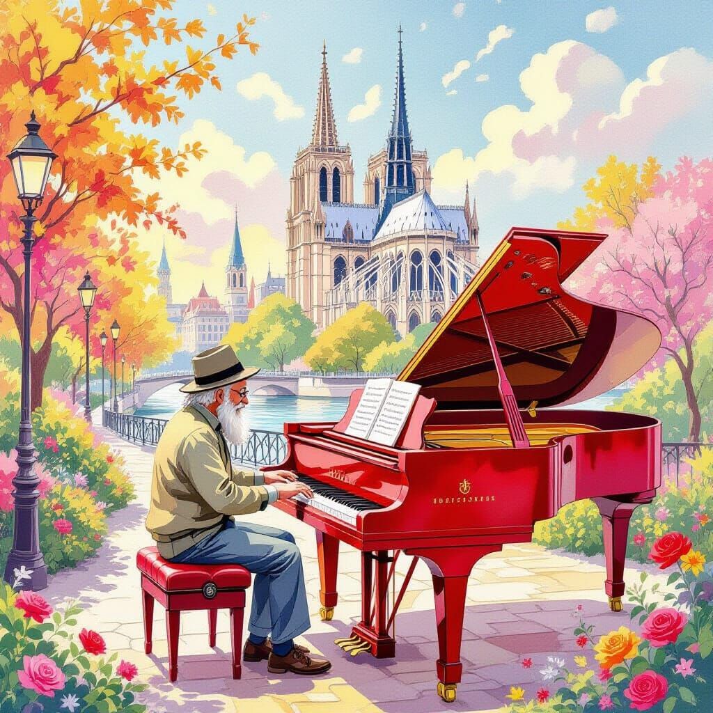 Old Man Plays Piano with Eiffel Tower in Gouache