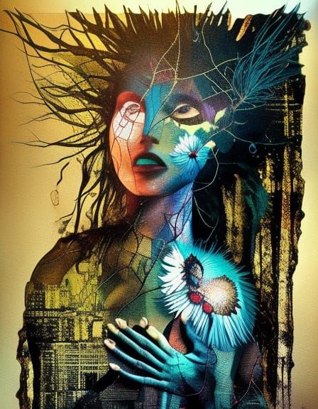 Intricate Textile Art Portrait with Geometric Elements