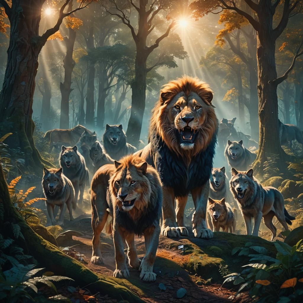 Giant Lion Roaring in Forest with Wolves