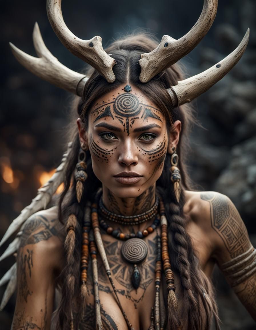 Extremely beautiful young woman as a paleo shaman - AI Generated ...