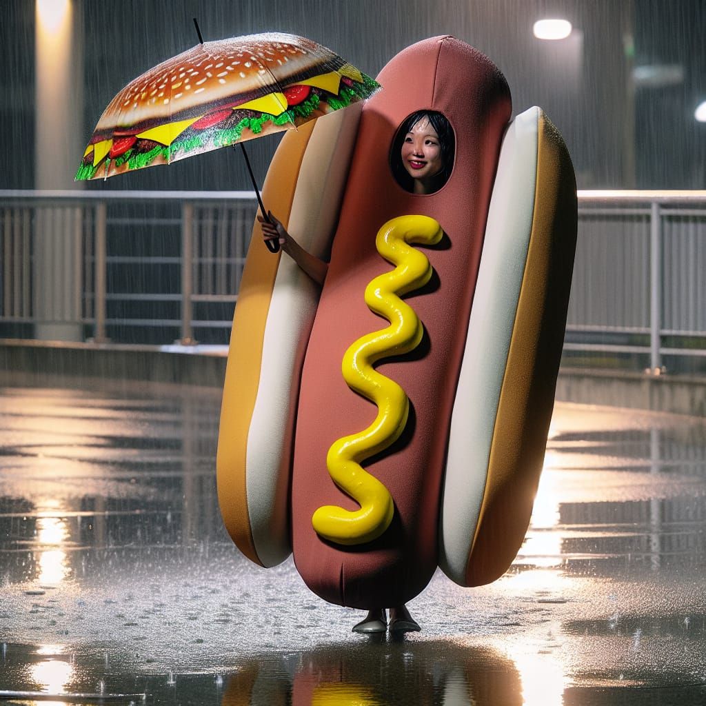 A woman wearing a costume outfit of a hotdog, the outfit is overfitted the body in the style and shape of the hotdog, mustard and sauce are...