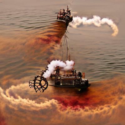 Steampunk boat sailing through bloody steam