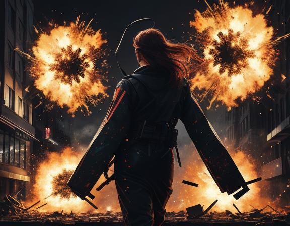 Pop Art Woman Amidst Explosive City Chaos