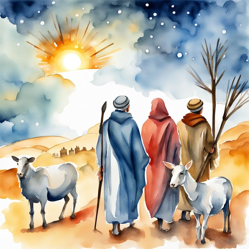 The shepherds travel to Bethlehem to see the baby Jesus, hand drawn ...