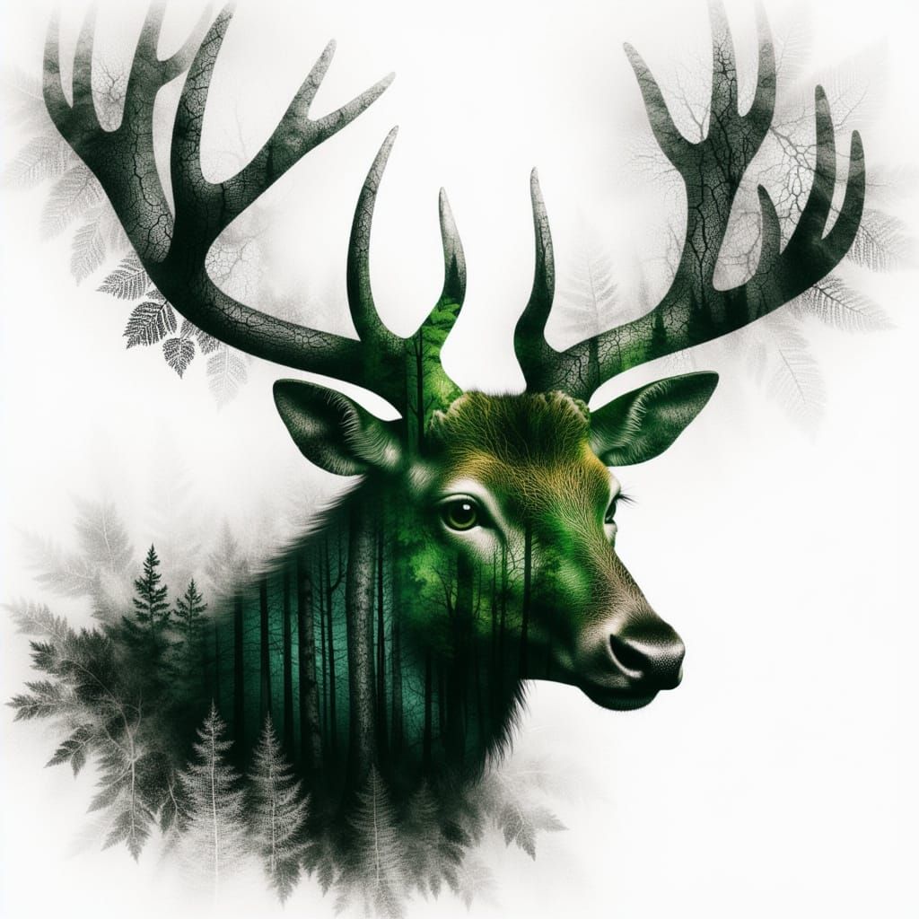 <lora:Forest Texture:1.0> Stag  double exposure with forest texture