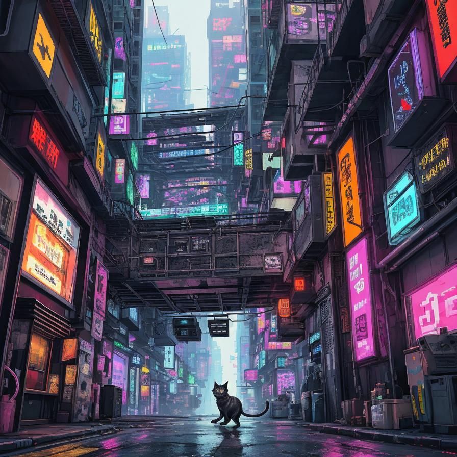 Pixel art.  glitch.  a digital kitten glitching out in mid pounce on a digital white rodent in cyberpunk city alley.  in style anime.  vibra...