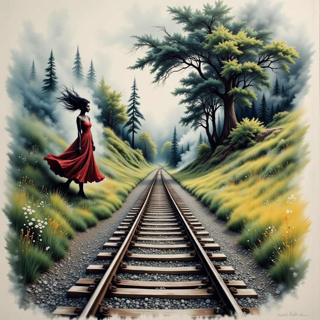 Surreal Train Tracks Bend Landscape in Muted Realism