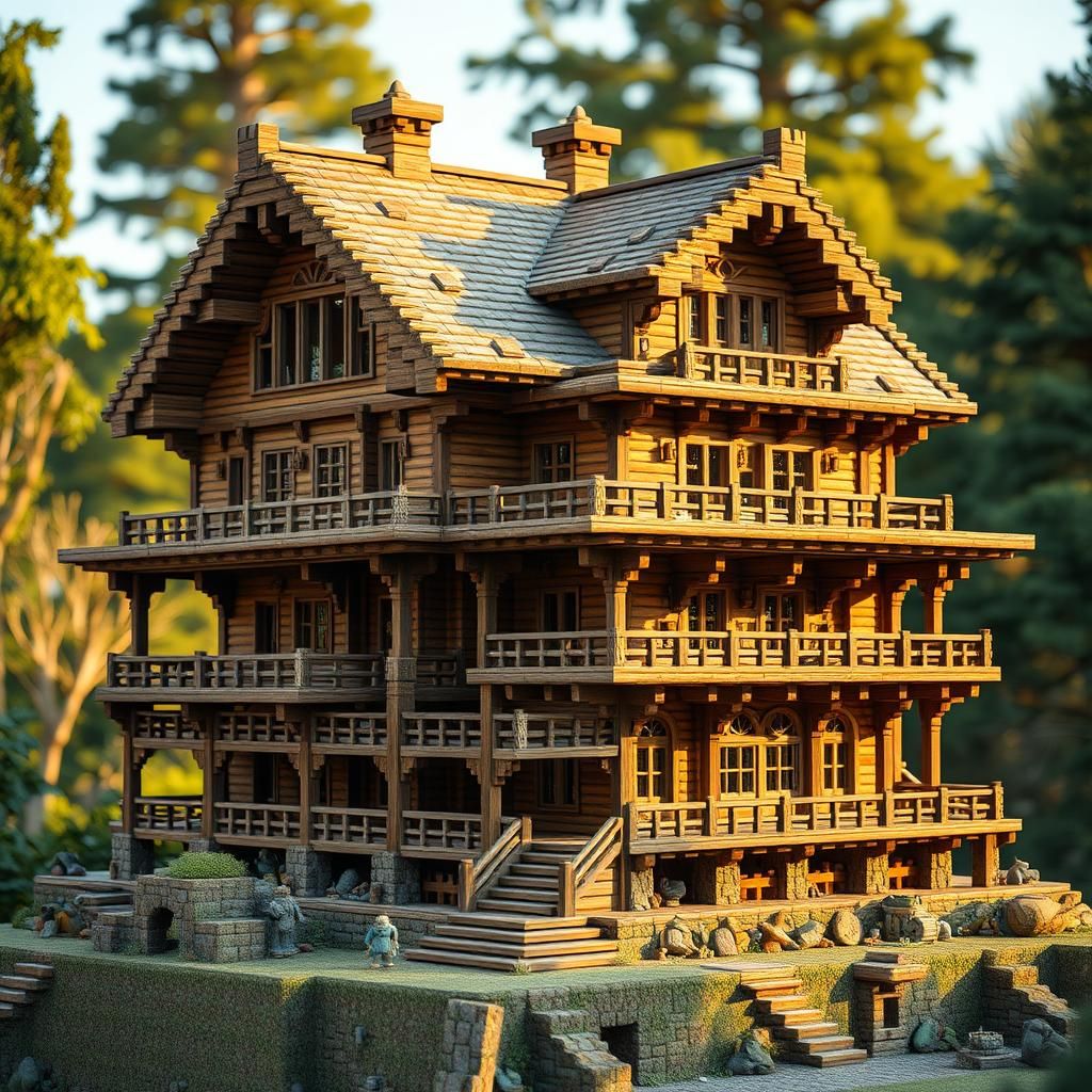 view of a multistoried minecraft wooden house with lots of d...