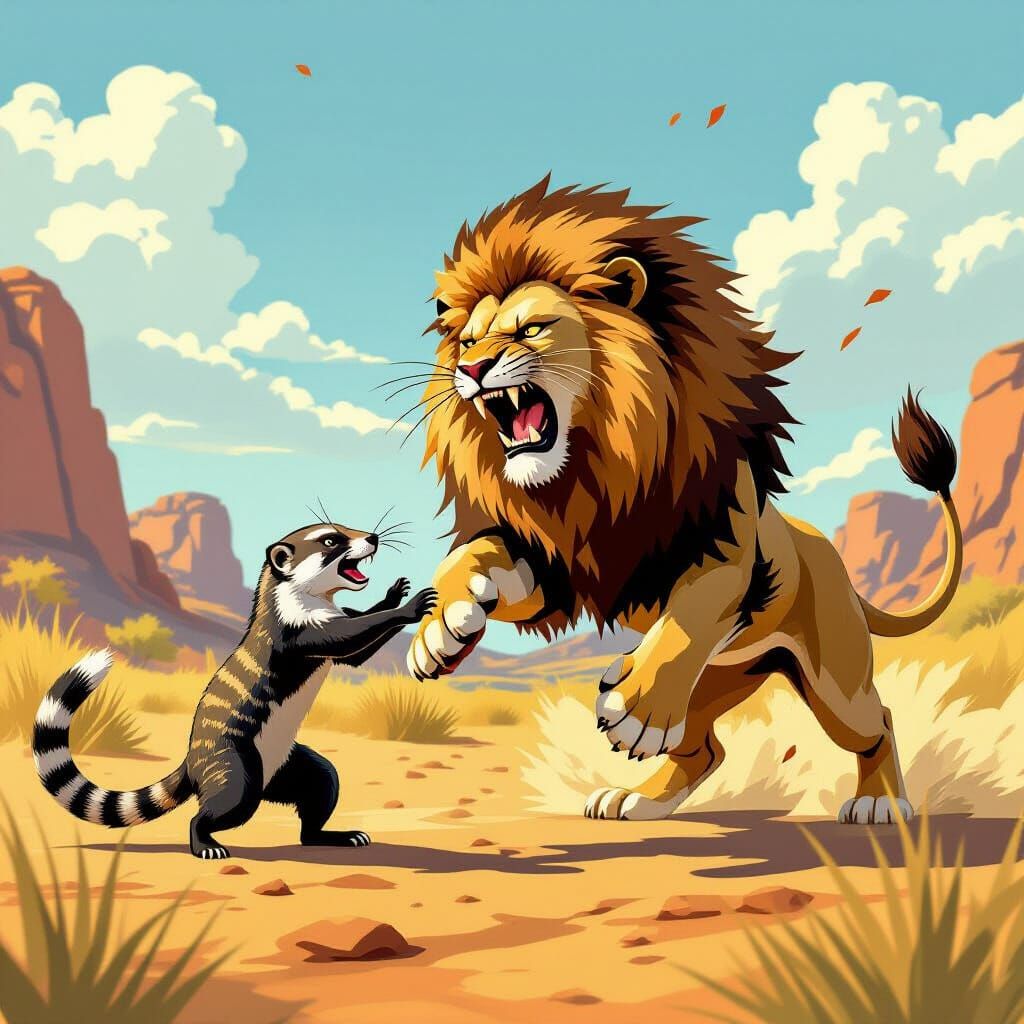 Brave Mongoose Battles Enraged Lion in Savanna