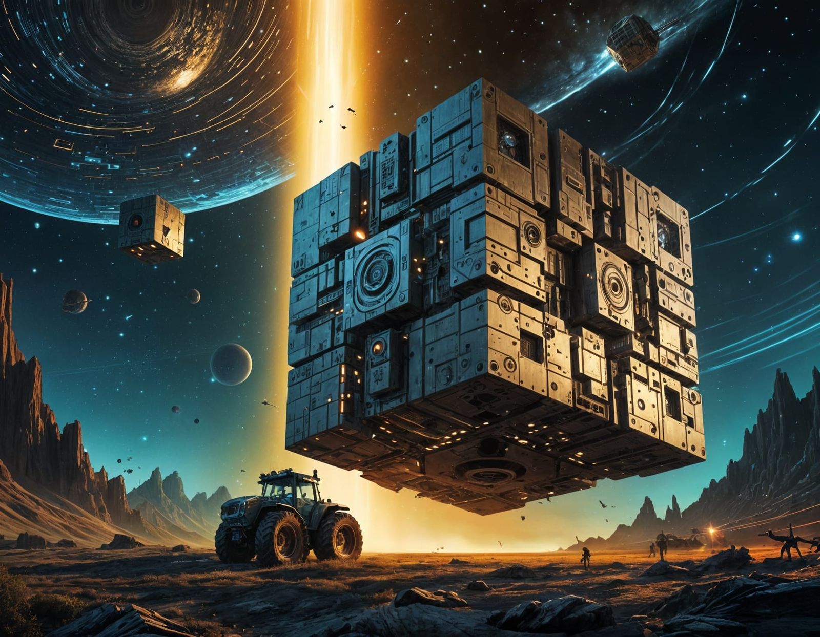 prompt: A Borg Cube, tractor, beam... ing another spaceship, star trek.... AI: say no more  by @Pioma