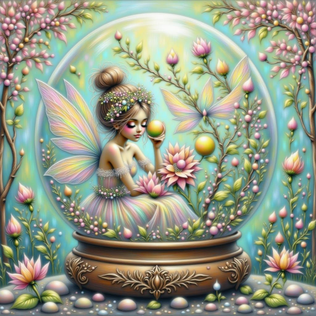 <lora:Fairy Adventures:1.0>A fairy trapped in a snow globe where seasons change every five seconds endlessly shifting and dreamlike. airbrus...