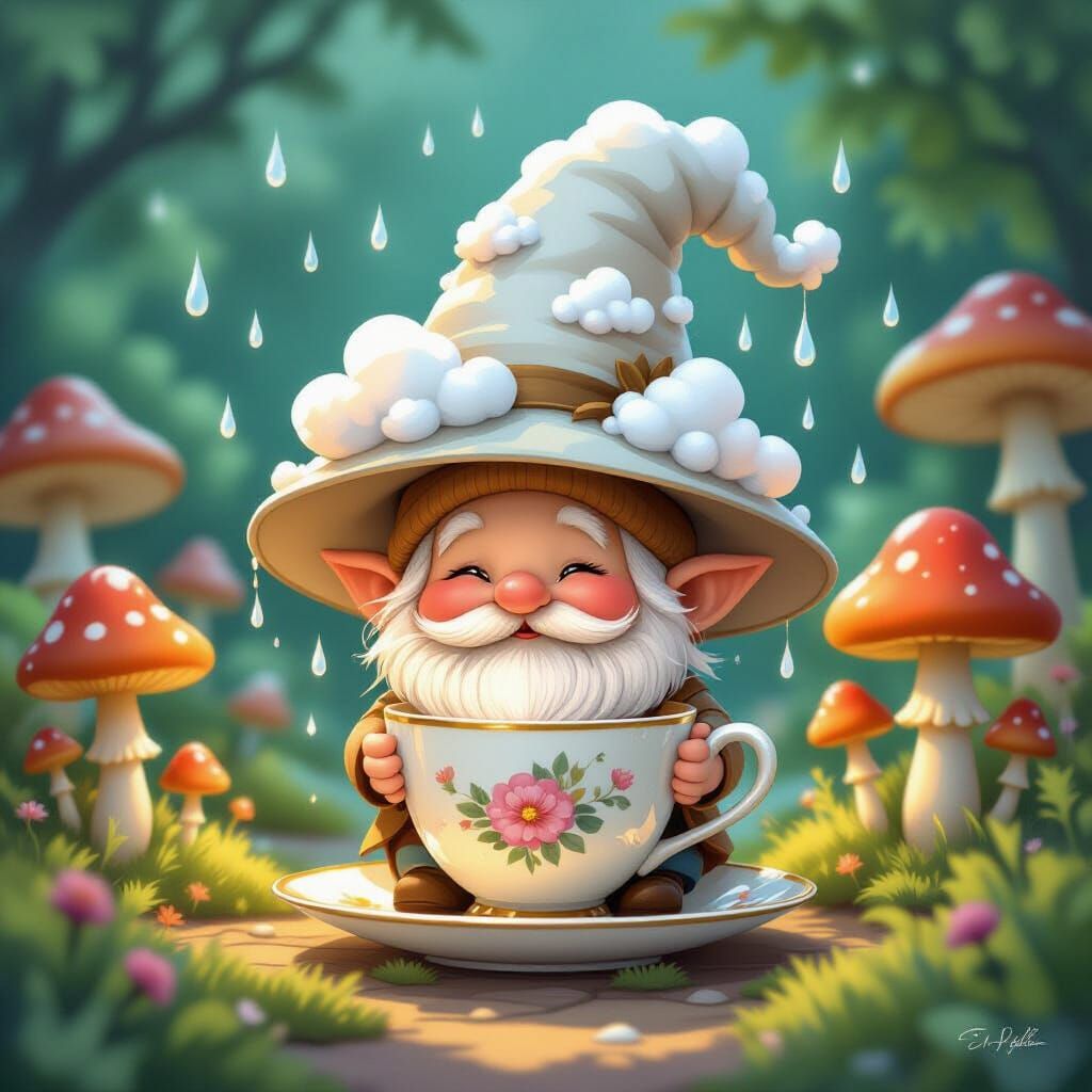 A whimsical teacup hat adorned with miniature, perfectly formed clouds and delicate raindrops, worn by a cheerful gnome. The gnome is tendin...