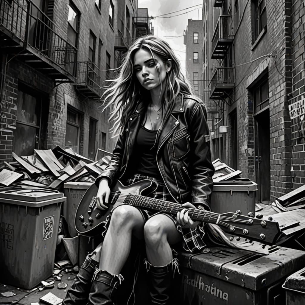 A black and white detailed rendering of a grunge girl with long stringy hair sitting on a tattered couch with her guitar between her legs, w...