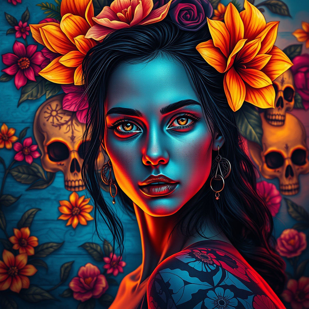 Street Art Portrait with Skulls and Flowers