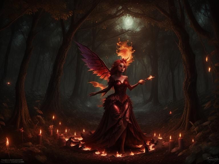 a hot fire sprite burning the night forest bright