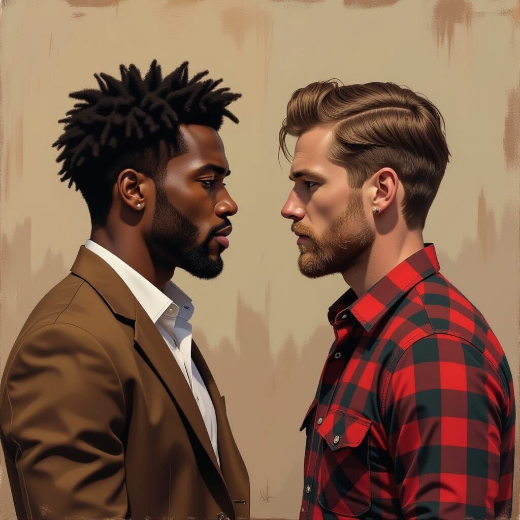 Passionate Encounter Between Two Men in Vibrant Portrait