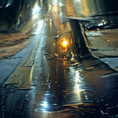 Shiny street under streetlight on the rainy drive home:artis...