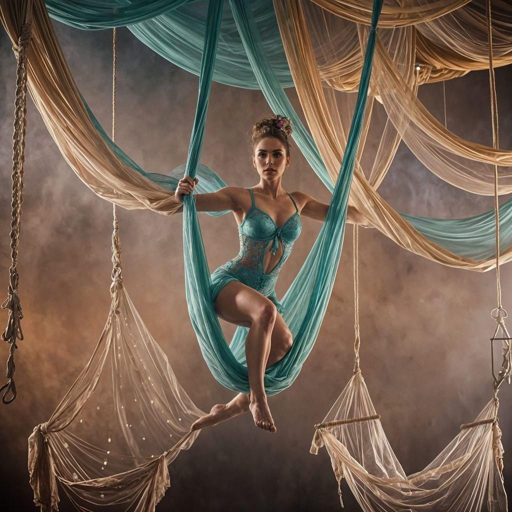 Aerial circus artist dancing with tulle