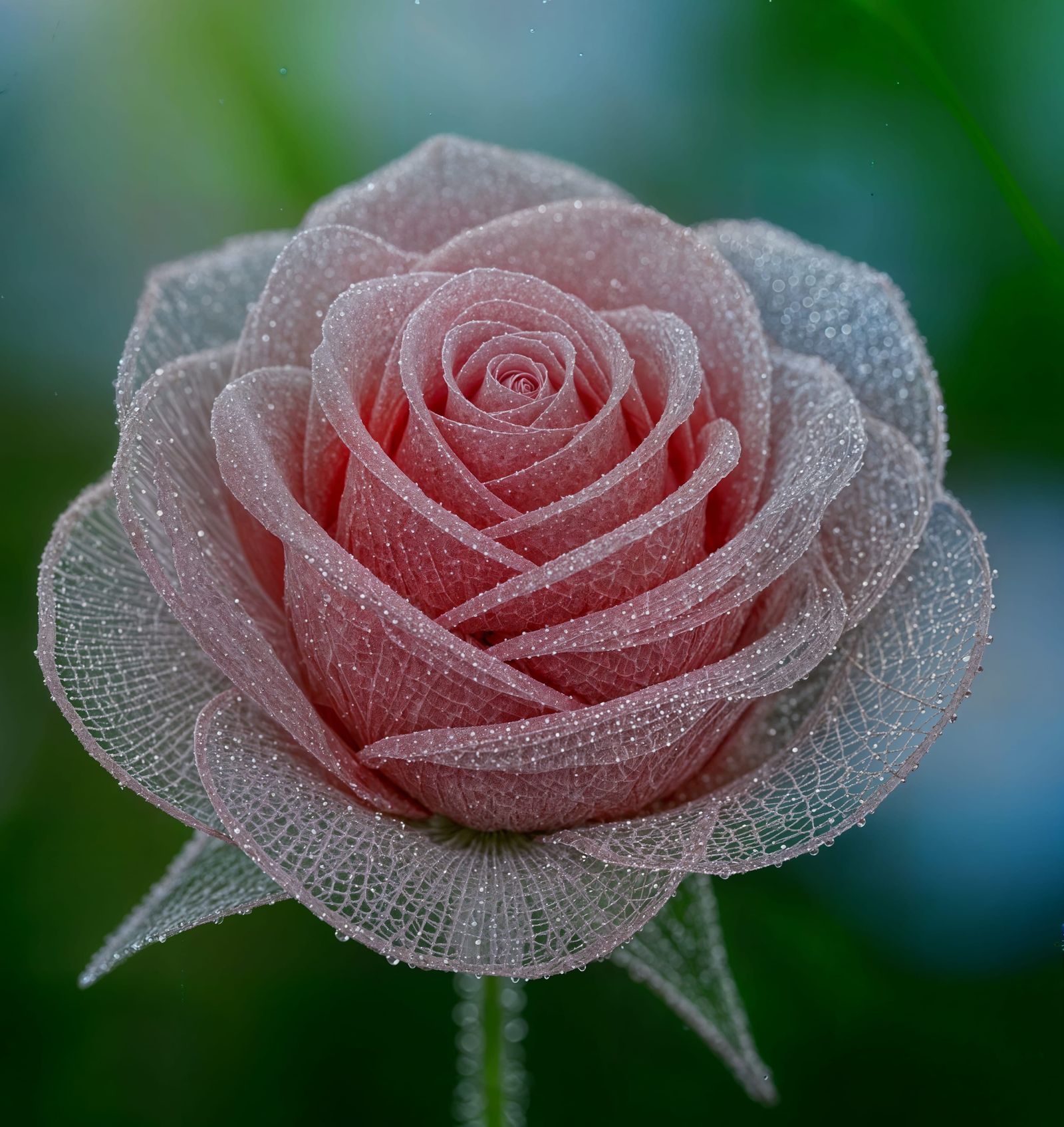 A single, perfectly formed pinkish rose made entirely of delicate, glistening spider silk ...  by @g r r c