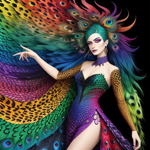 Beautiful woman colourful rainbow dragon scales. Peacock hai...