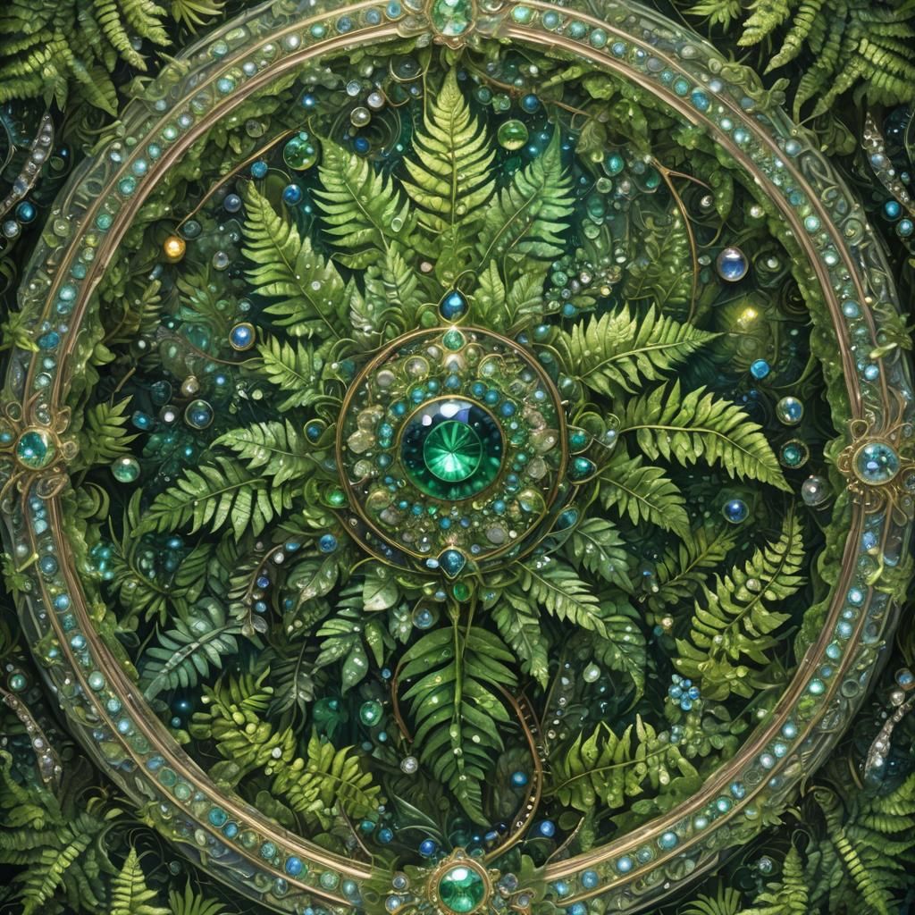 Green Fern mandala of varying shades, made of crystal sparkl...