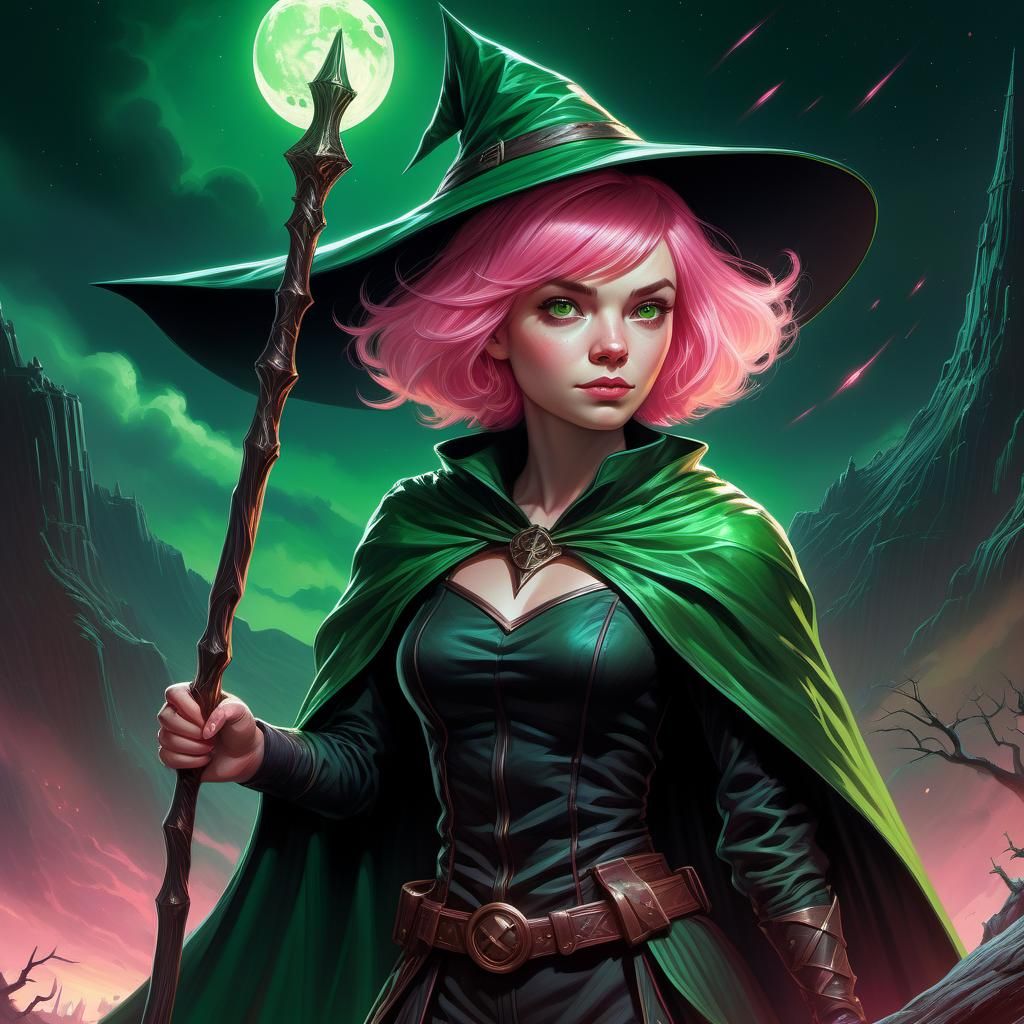 A beautiful cute short Pink Haired Female Witch With Pointed Hat and ...