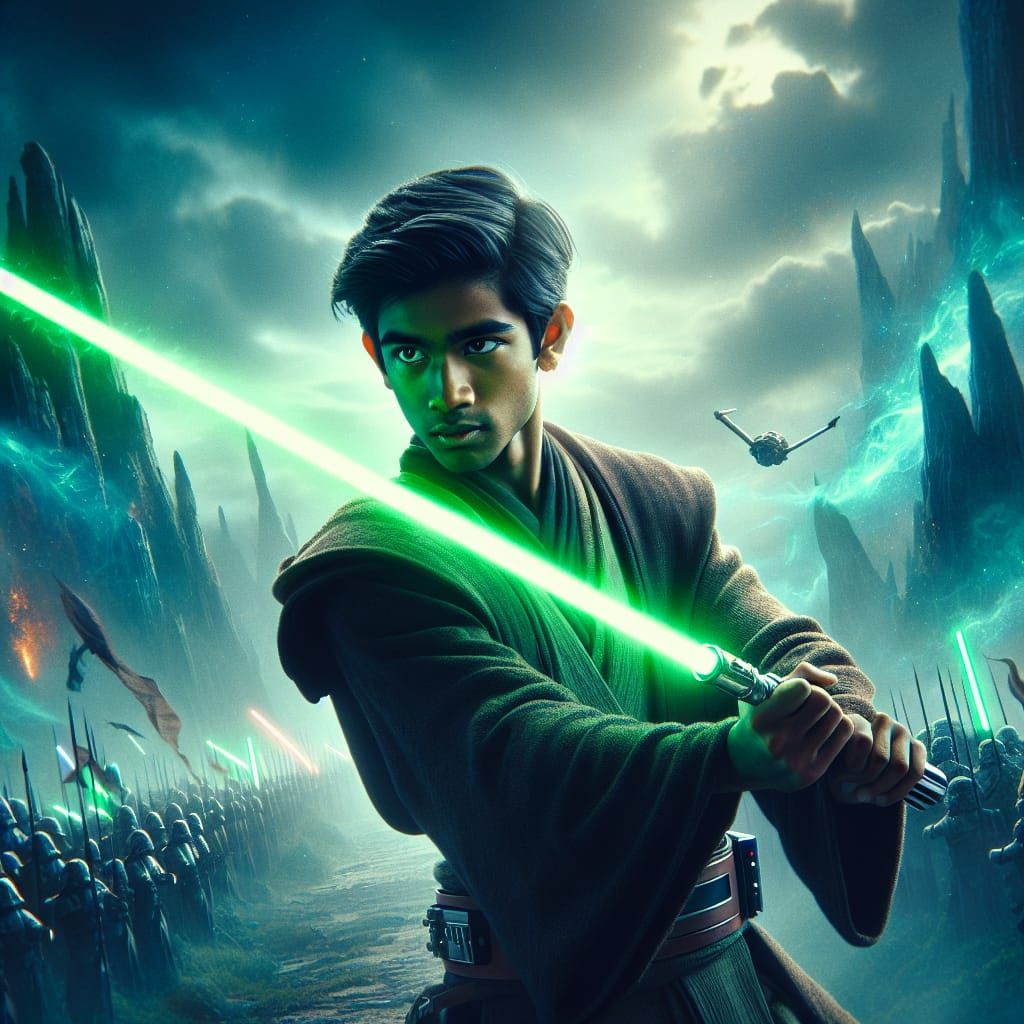 Young indian jedi master with a green lightsaber in a battle