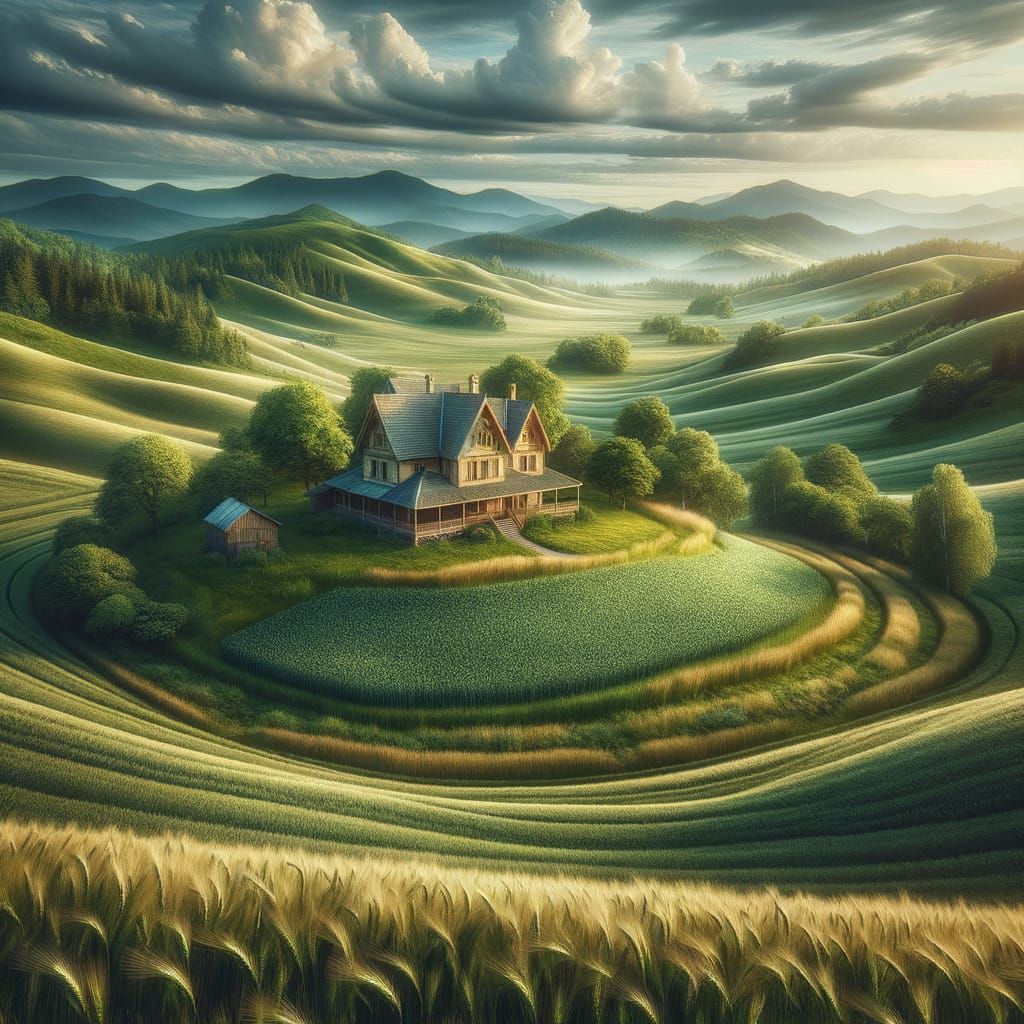 A rural country home with gently rolling terrain and lush greenery, intricate details, HDR, beautifully ...  by @SEO BRO