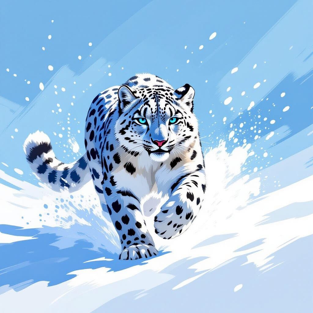Snow Leopard Running: Expressive Brushstrokes