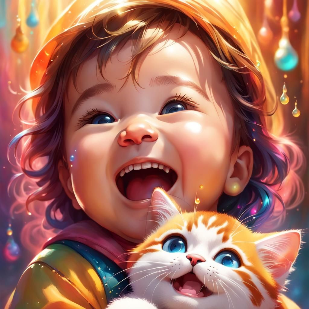 Laughing tears cute Baby 🤣 face holding a Laughing Cat 🤣 lovely, Hyperrealistic, splash art, concept ...  by @Christine Gauthier