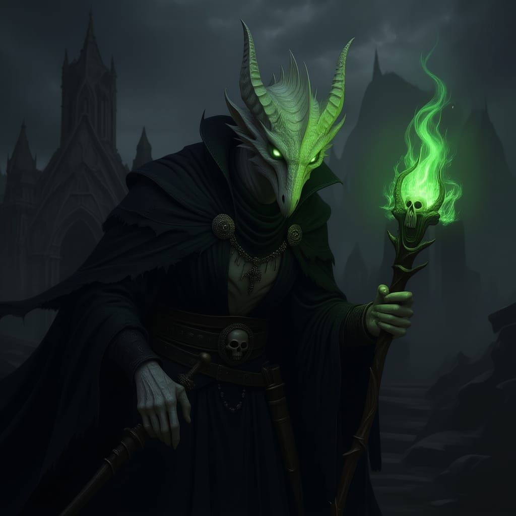 Dark fantasy draconic sorcerer, pale white scales, long snout, deathly green eyes, hunch back, wearing dark black and gray robe, dark skelet...