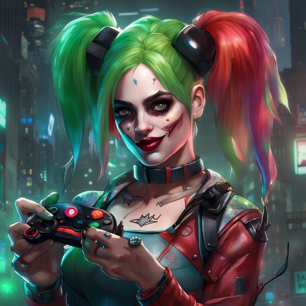 Gorgeous futuristic Harley Quinn with beautiful green eyes holding a ...