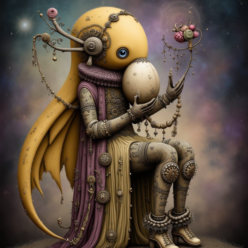 <lora:DIGI-DOLLYING AROUND:1.0> A colossal, ornate steampunk robot stands amidst swirling cosmic nebulae, its metallic body etched with intr...