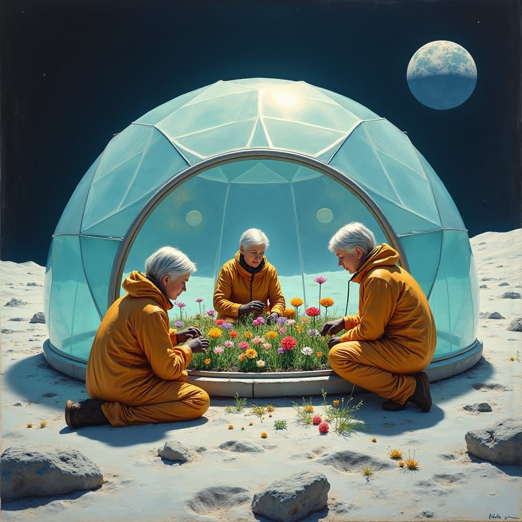 Three women in spacesuits, one of them an older woman, tendi...
