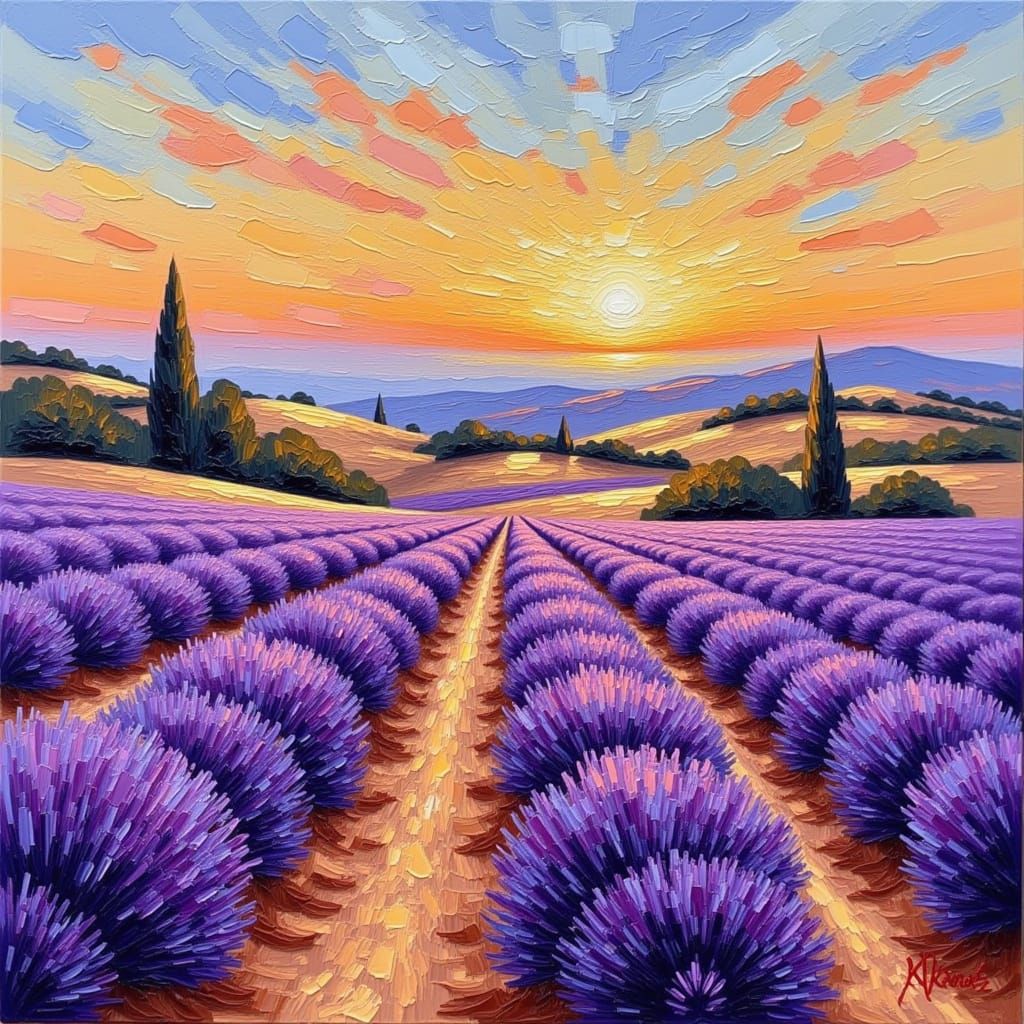 <lora:Impression Impasto:1.0> Provence lavender fields faded into warm ochres — distant hills, expressive impasto brush marks, glowing sky.