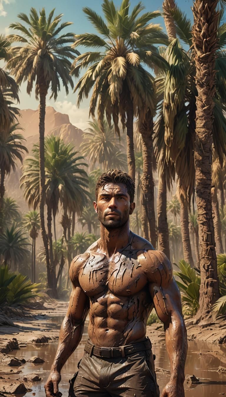 beautiful oasis, desert, palm trees, man, muscular, solo, mu...