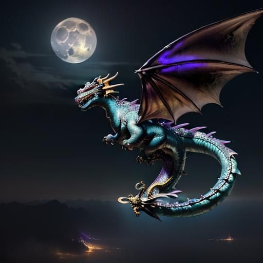 (anime Dragon flying:2) in the air under (starry night sky:1...