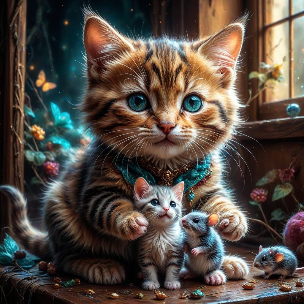 Kitten holding a cute little Mouse in her paws