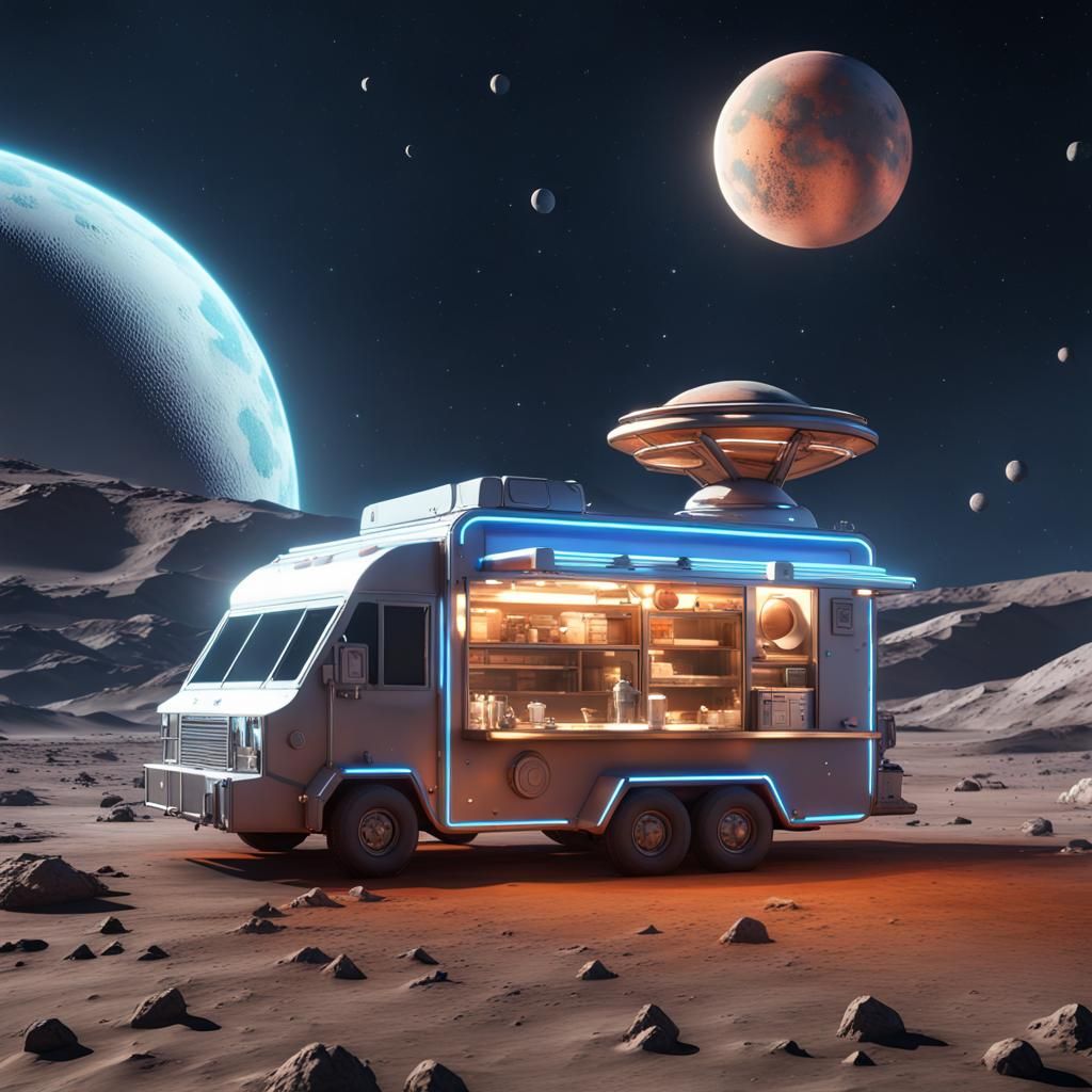 Photograph, Macro, Futuristic food truck on the moon surface...