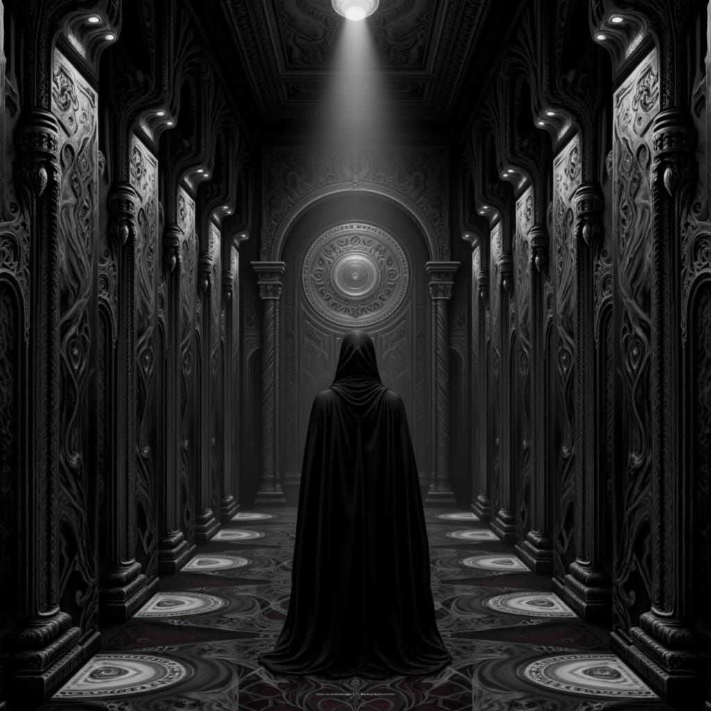 Hooded Figures in Minimalist Black Library Temple