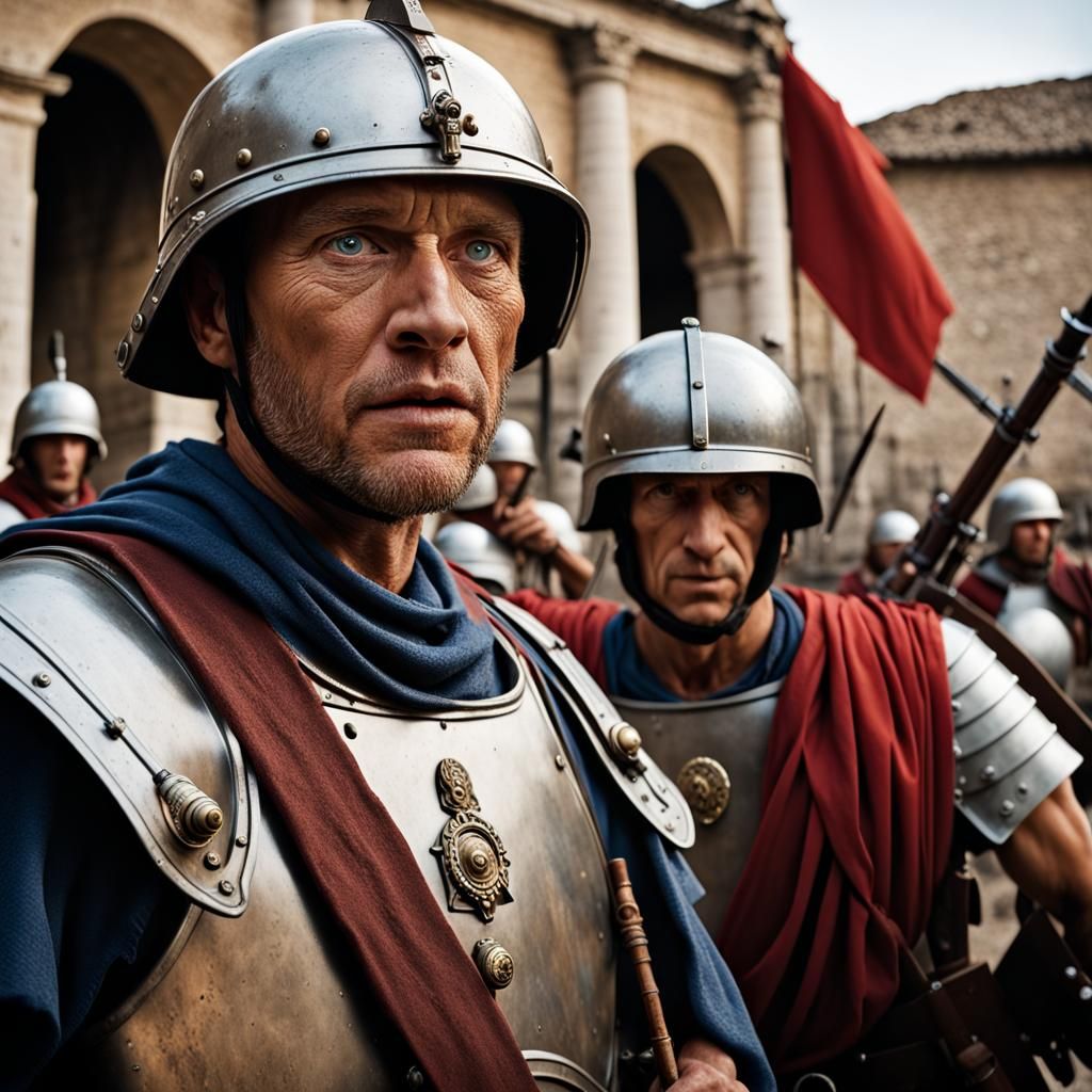 An Ancient Roman legionnaire looks surprised as he is faced ...