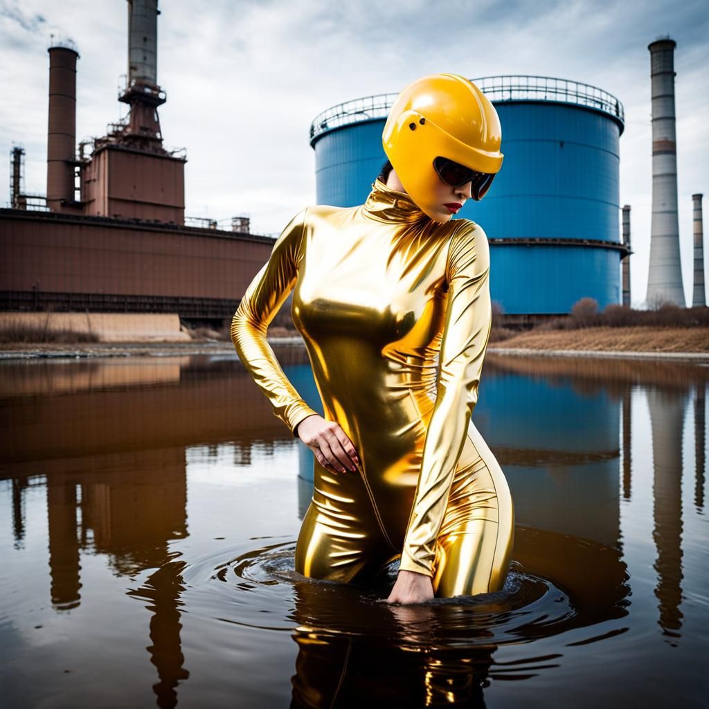 Woman in shiny yellow latex catsuit. She is dipping in a heavy water at an  abandoned nuclear power plant. Leaking plutonium containers. Cont... - AI  Generated Artwork - NightCafe Creator