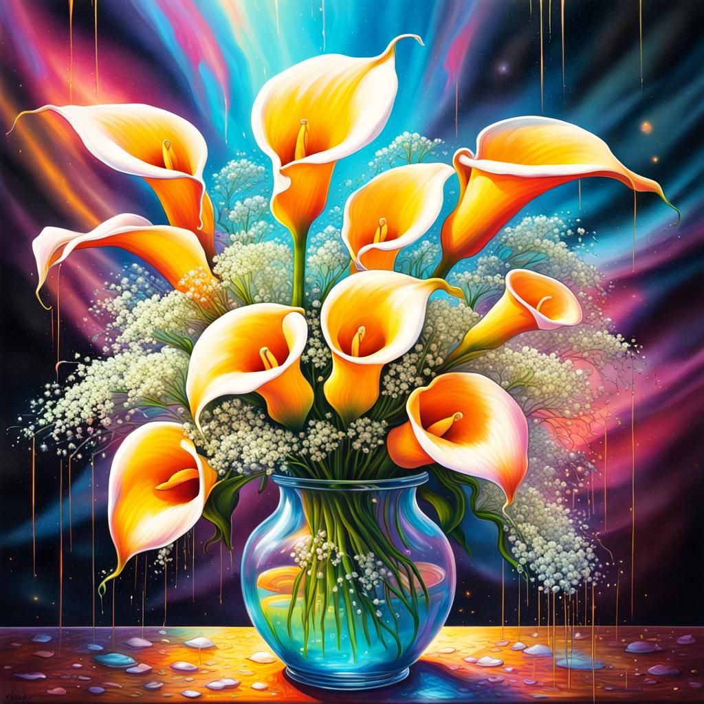 colorful Calla Lillies and baby's breath in a vase, graffiti...