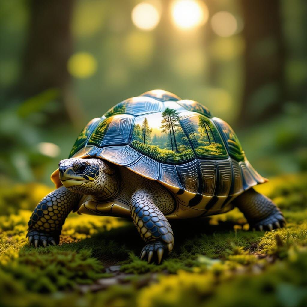 Tortoise Merges With Lush Forest In Double Exposure
