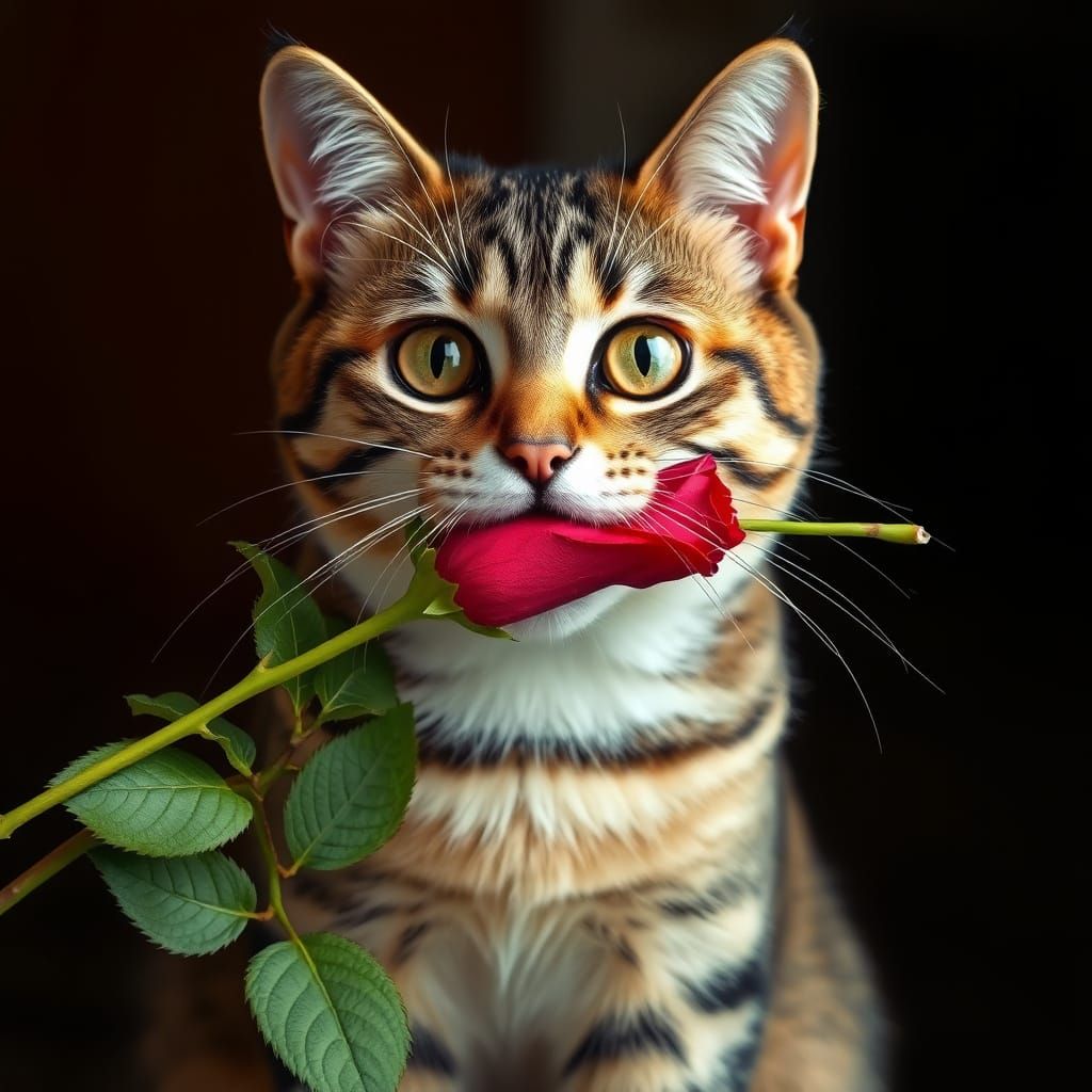 cat holding long rose stem in mouth. photorealistic