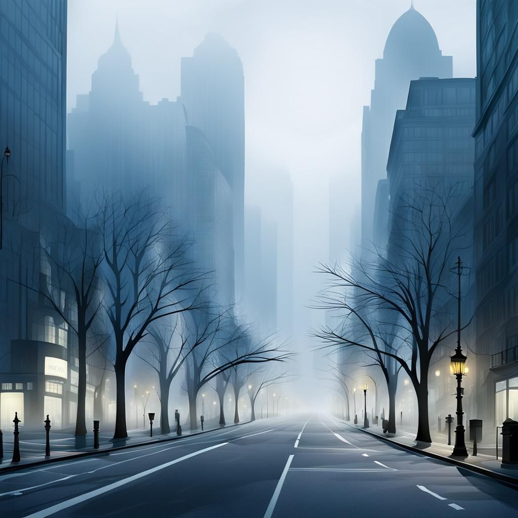Foggy City Avenue with Red Sun in Mist