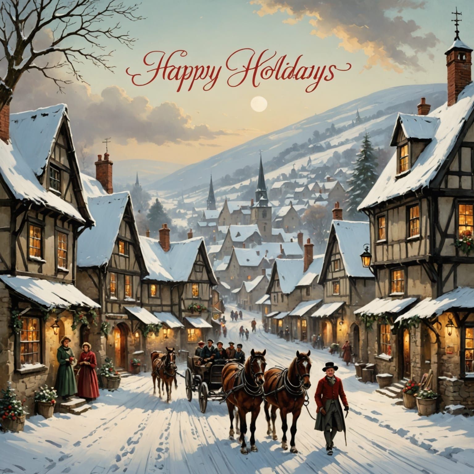 A vintage postcard in the style of John Callcott Horsley with a snowy village scene with vintage-style ...  by @Tangled Serendipity