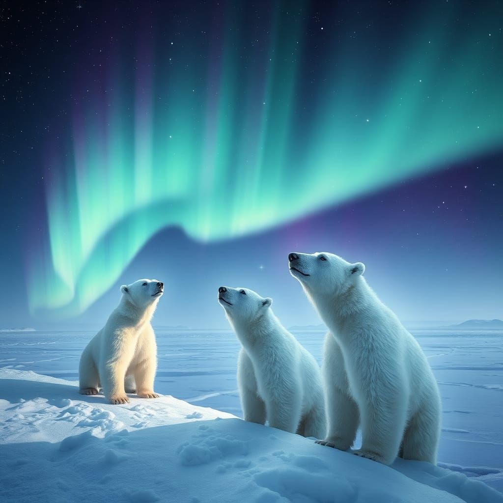 Polar bears watching the Aurora borealis on the frozen ice of Hudson Bay  by @undefined